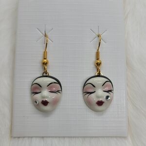 Vintage Fancy Faces Hand Painted Porcelain Mask Dangle Earrings